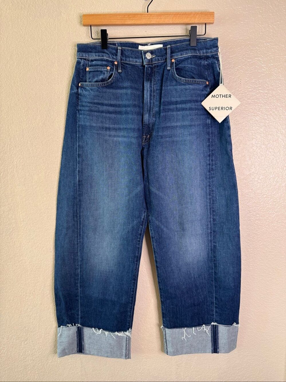 Mother The Half Pipe Ankle Cuff Fray Jeans Barrel Imperfect Blue Size 30 NWT